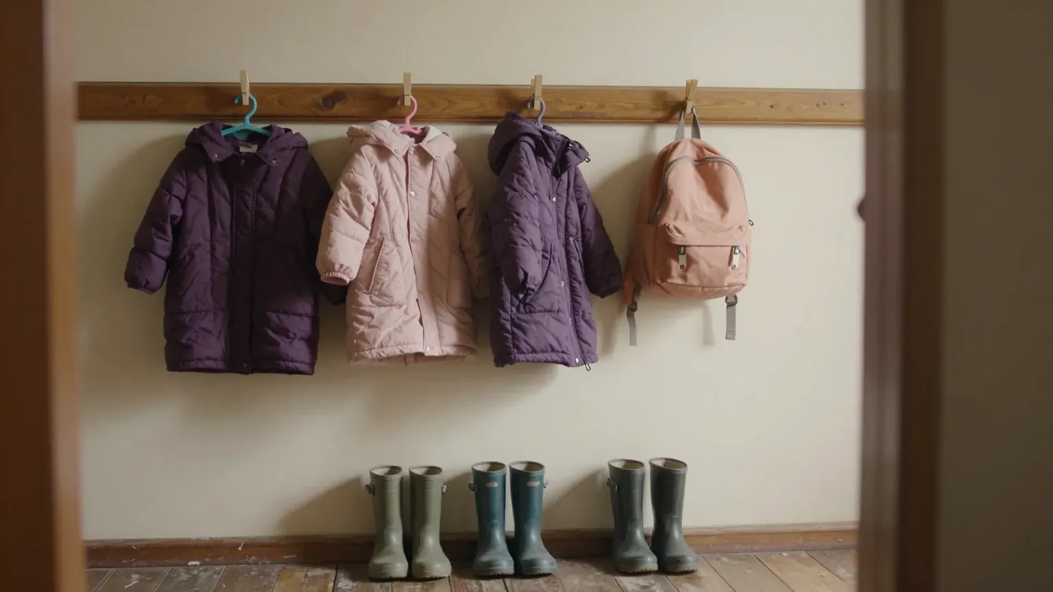 guide header — children's coats on low hooks in a hallway