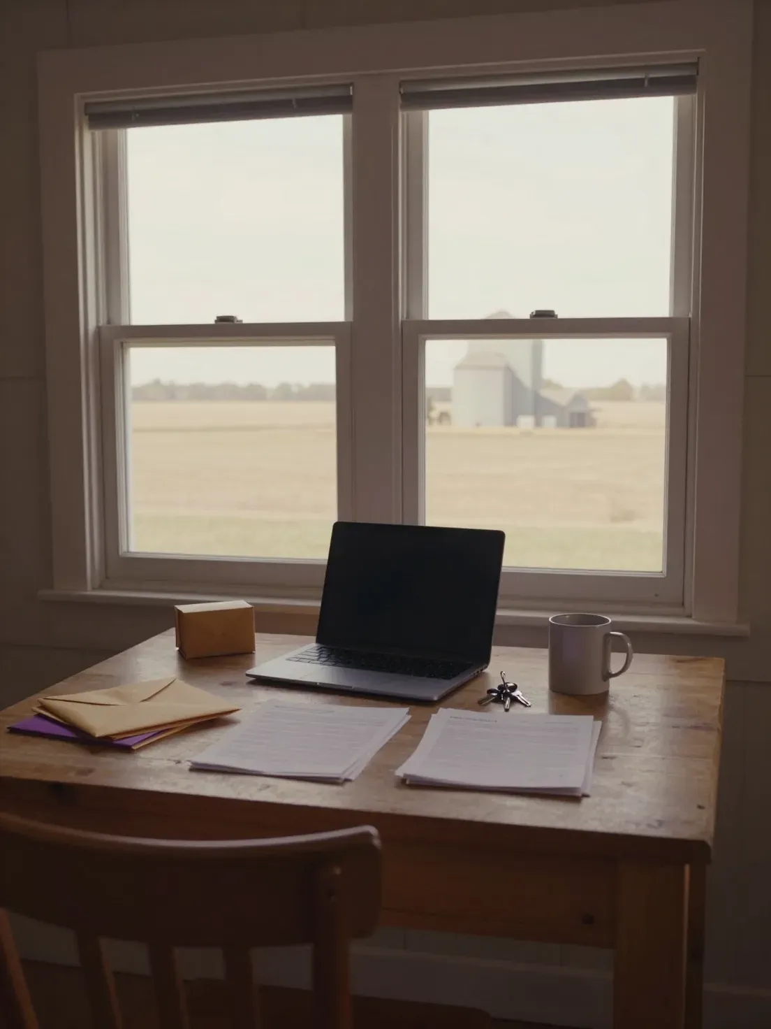 A farmhouse kitchen table with a laptop, paperwork and envelopes, farmland and a grain elevator through the window