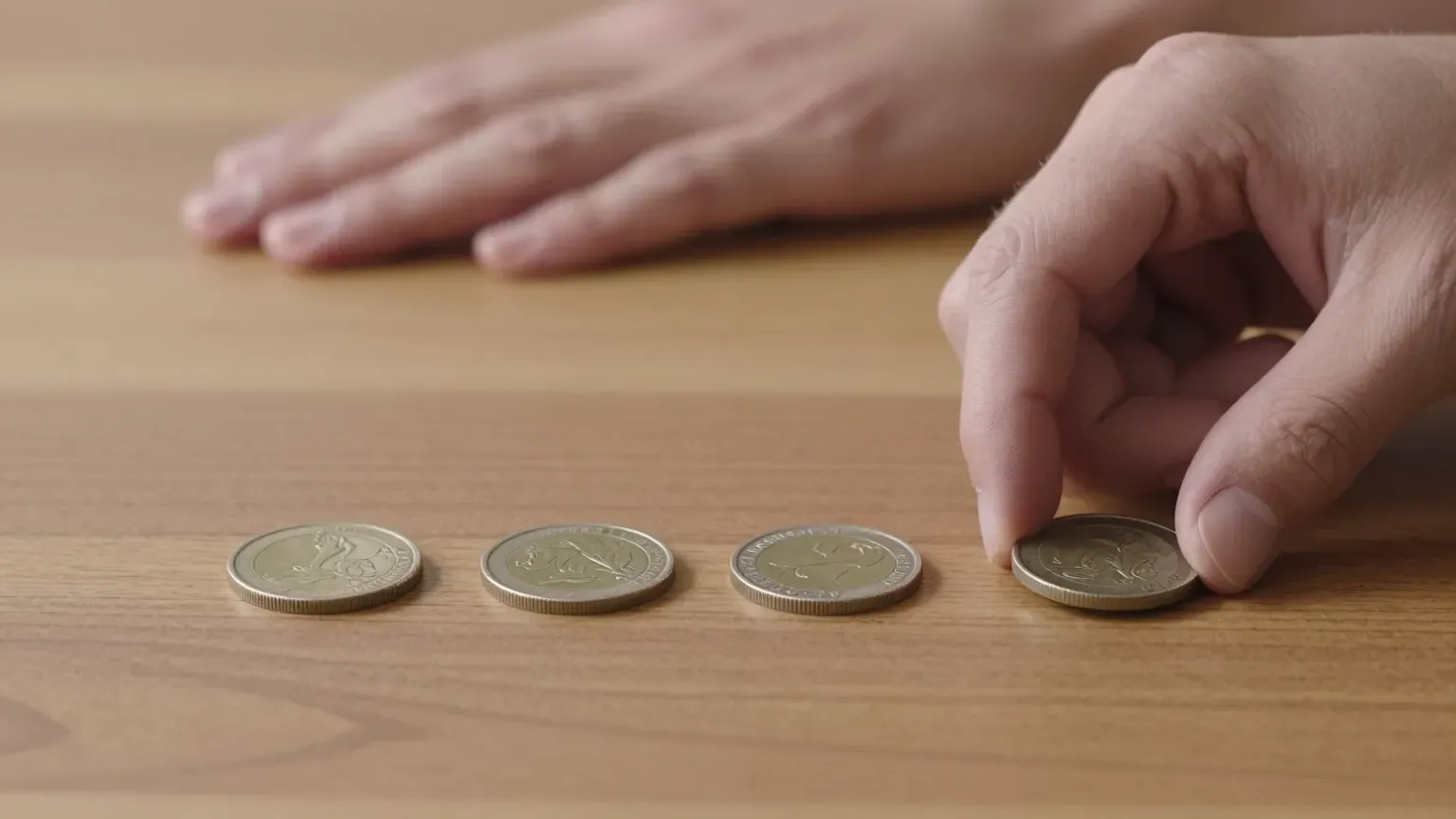 guide header — four coins laid out in a row on a table, hands only